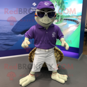 Purple Sea Turtle mascot costume character dressed with a Board Shorts and Tie pins