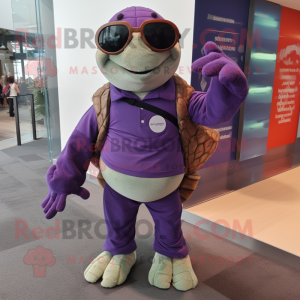 Purple Sea Turtle mascot costume character dressed with a Board Shorts and Tie pins