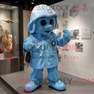 Maskotfigur af en cyan...