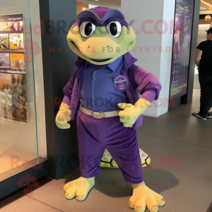 Purple Sea Turtle mascot costume character dressed with a Board Shorts and Tie pins
