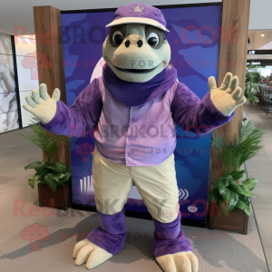 Purple Sea Turtle mascot costume character dressed with a Board Shorts and Tie pins