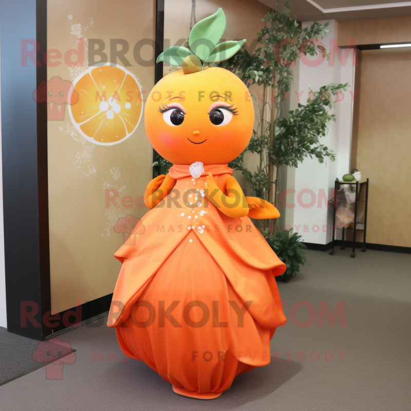 Orange Plum mascot costume character dressed with a Evening Gown and Earrings Orange Plum mascot costume character dressed with a Evening Gown and Earrings