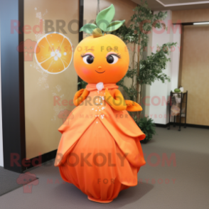 Orange Plum mascot costume character dressed with a Evening Gown and Earrings