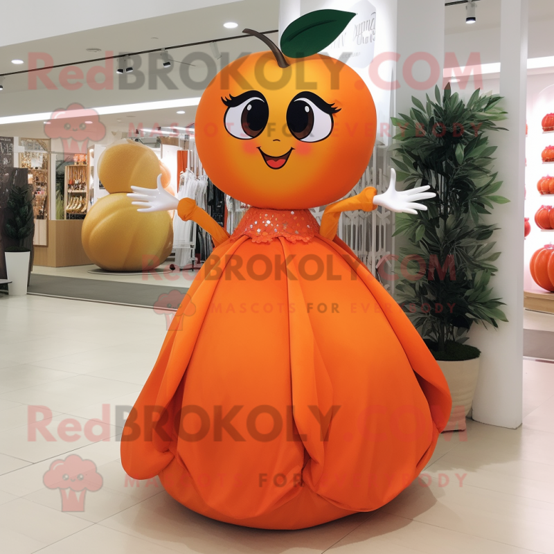 Orange Plum mascot costume character dressed with a Evening Gown and Earrings Orange Plum mascot costume character dressed with a Evening Gown and Earrings