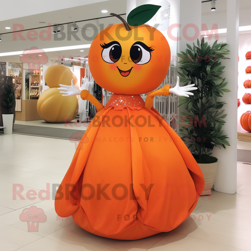 Orange Plum mascot costume character dressed with a Evening Gown and Earrings