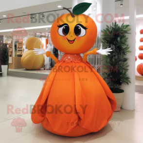 Orange Plum mascot costume character dressed with a Evening Gown and Earrings