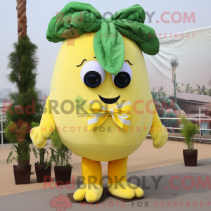 Maskotfigur af en citrongul...