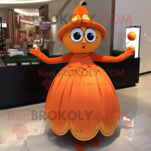 Orange Plum mascot costume character dressed with a Evening Gown and Earrings