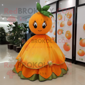 Orange Plum mascot costume character dressed with a Evening Gown and Earrings