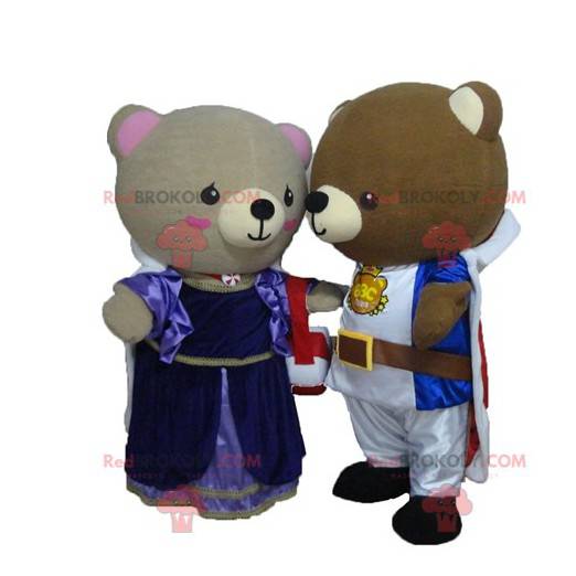 2 mascottes d'ours habillés en princesse et en chevalier -