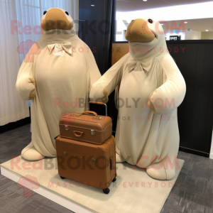 Tan Walrus mascot costume character dressed with a Wedding Dress and Briefcases