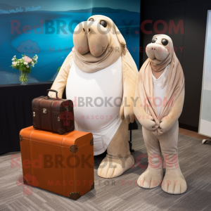Tan Walrus mascot costume character dressed with a Wedding Dress and Briefcases