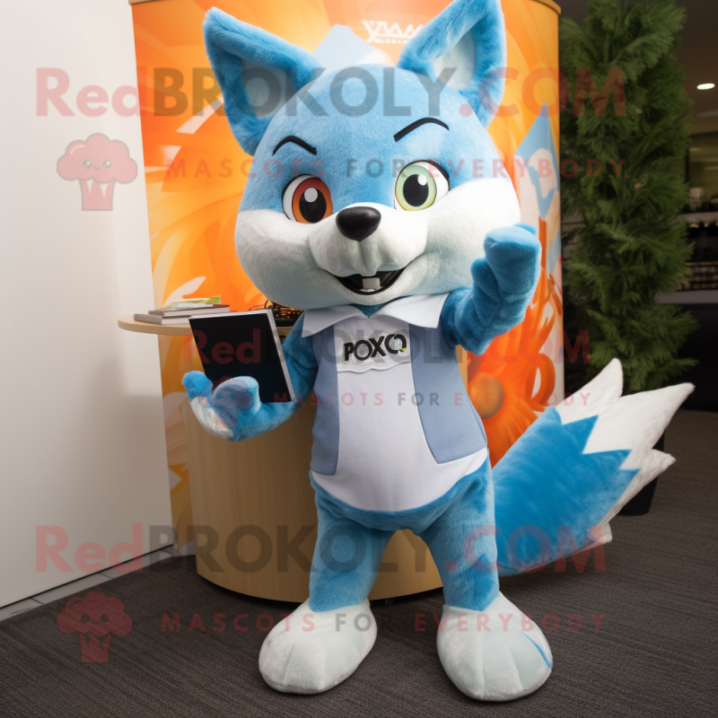 Sky Blue Fox mascot costume character dressed with a Flare Jeans and Keychains