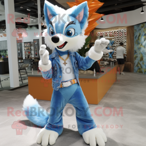 Sky Blue Fox mascot costume character dressed with a Flare Jeans and Keychains