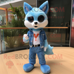 Sky Blue Fox mascot costume character dressed with a Flare Jeans and Keychains