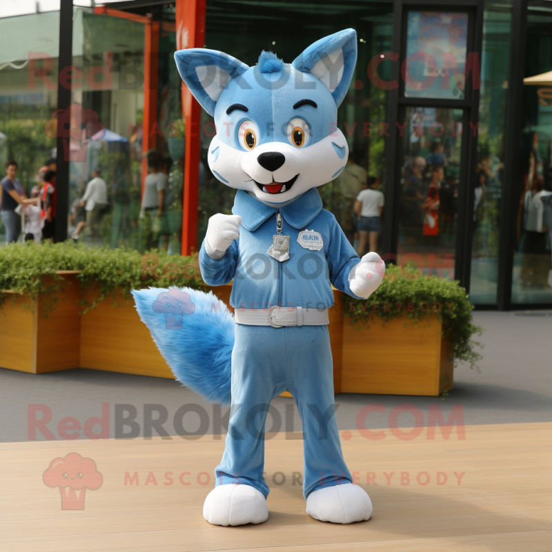 Sky Blue Fox mascot costume character dressed with a Flare Jeans and Keychains