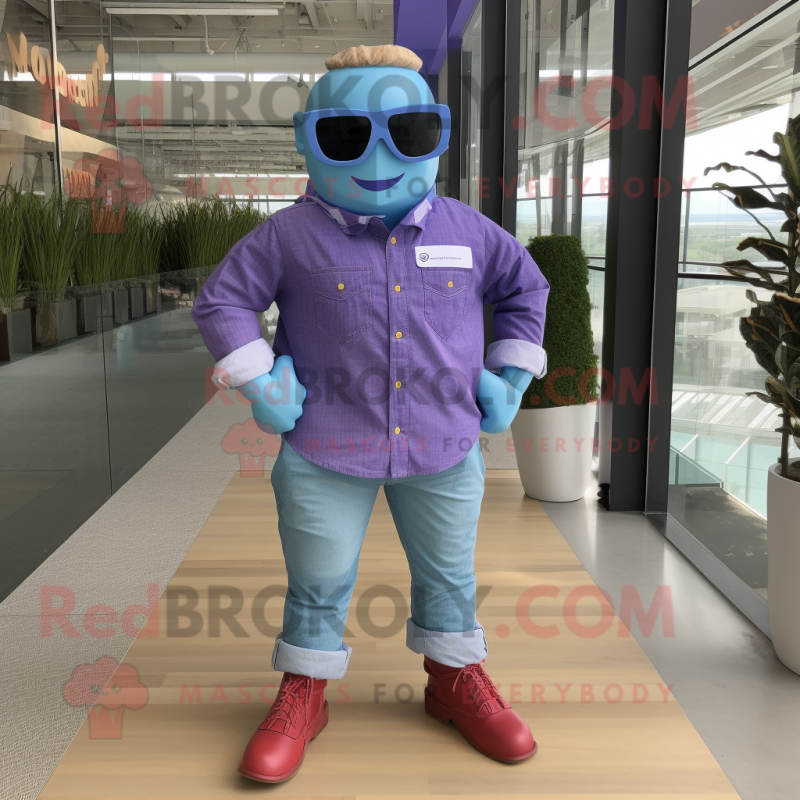 Purple Superhero mascot costume character dressed with a Chambray Shirt and Sunglasses