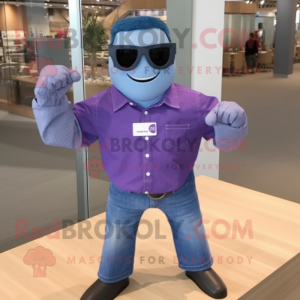 Purple Superhero mascot costume character dressed with a Chambray Shirt and Sunglasses