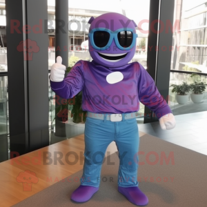 Purple Superhero mascot costume character dressed with a Chambray Shirt and Sunglasses
