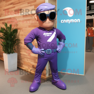 Purple Superhero mascot costume character dressed with a Chambray Shirt and Sunglasses