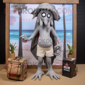 Gray Medusa mascot costume character dressed with a Board Shorts and Clutch bags