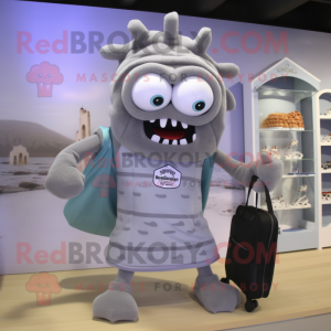 Gray Medusa mascot costume character dressed with a Board Shorts and Clutch bags
