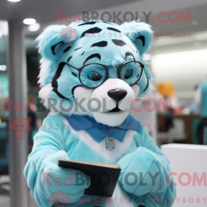 Maskotkarakter af en cyan...