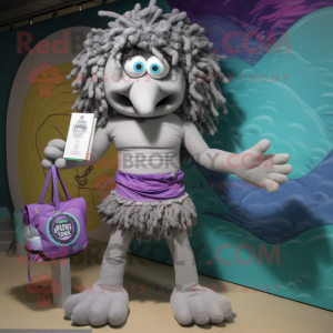 Gray Medusa mascot costume character dressed with a Board Shorts and Clutch bags