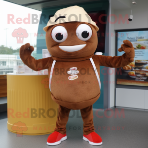 Brown Crab Cakes mascot costume character dressed with a T-Shirt and Beanies
