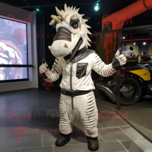 White Quagga mascot costume character dressed with a Biker Jacket and Wraps