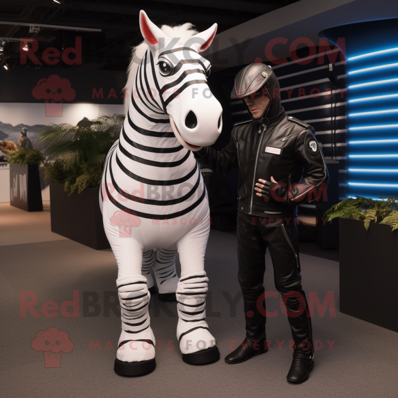 White Quagga mascot costume character dressed with a Biker Jacket and Wraps