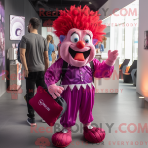 Maskotfigur af en magenta...
