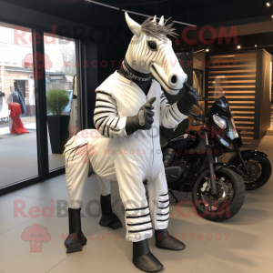 White Quagga mascot costume character dressed with a Biker Jacket and Wraps