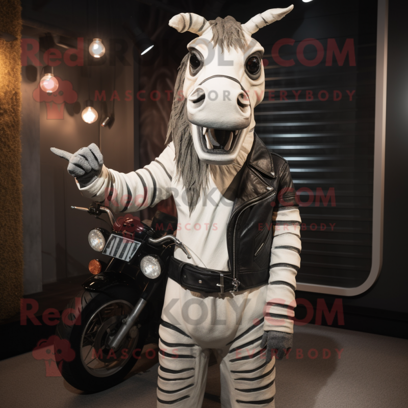 White Quagga mascot costume character dressed with a Biker Jacket and Wraps