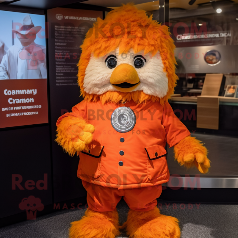 Orange Chicken Parmesan mascot costume character dressed with a Parka and Cummerbunds Orange Chicken Parmesan mascot costume character dressed with a Parka and Cummerbunds
