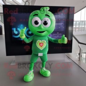 Green Heart mascot costume character dressed with a Bodysuit and Digital watches