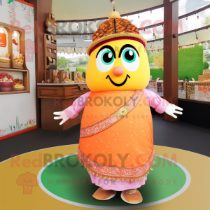 Peach Biryani mascot costume character dressed with a Mini Dress and Bracelets