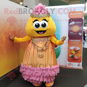 Peach Biryani mascot costume character dressed with a Mini Dress and Bracelets