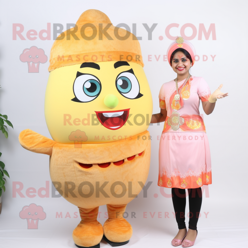 Peach Biryani mascot costume character dressed with a Mini Dress and Bracelets