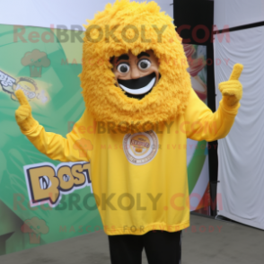 Yellow Biryani mascot costume character dressed with a Hoodie and Hair clips