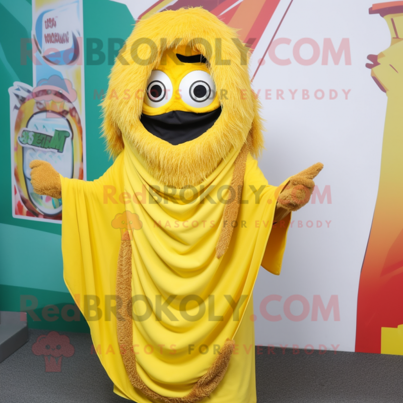 Yellow Biryani mascot costume character dressed with a Hoodie and Hair clips