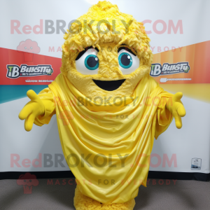 Yellow Biryani mascot costume character dressed with a Hoodie and Hair clips