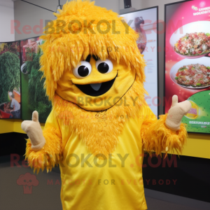 Yellow Biryani mascot costume character dressed with a Hoodie and Hair clips
