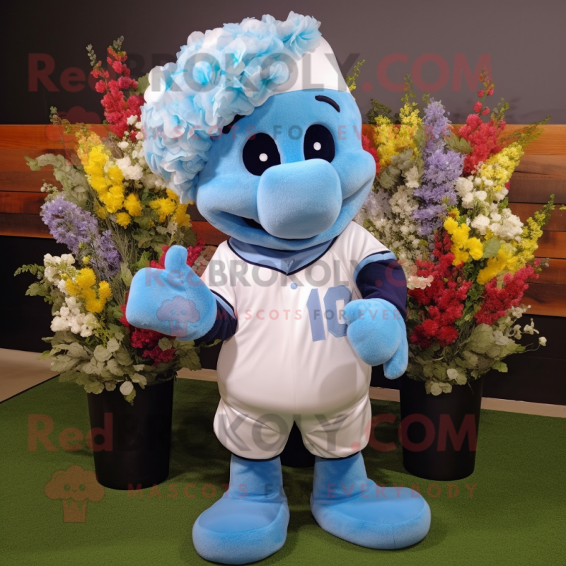 Sky Blue Bouquet Of Flowers mascot costume character dressed with a Baseball Tee and Cummerbunds