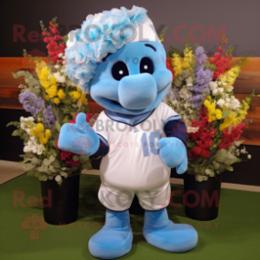 Sky Blue Bouquet Of Flowers mascot costume character dressed with a Baseball Tee and Cummerbunds