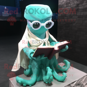 Teal Octopus mascot costume character dressed with a Wedding Dress and Reading glasses