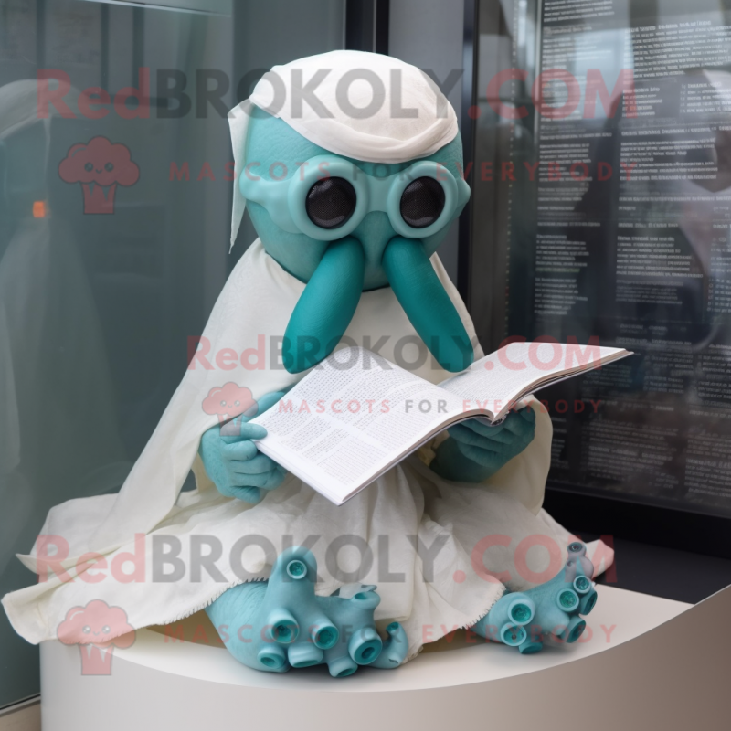 Teal Octopus mascot costume character dressed with a Wedding Dress and Reading glasses