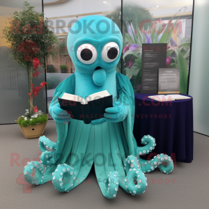 Teal Octopus mascot costume character dressed with a Wedding Dress and Reading glasses