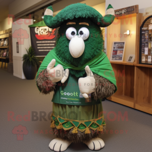 Forest Green Goulash mascot costume character dressed with a Sweater and Shawl pins