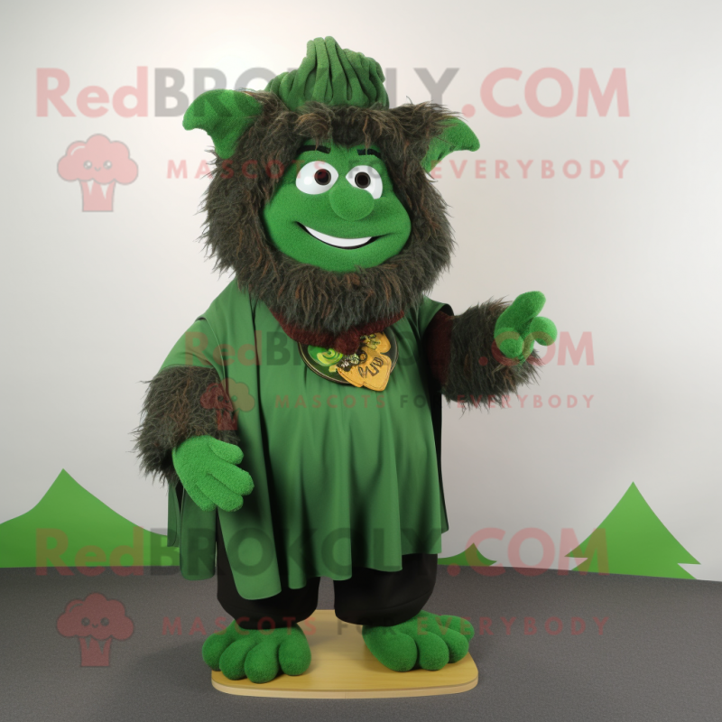 Forest Green Goulash mascot costume character dressed with a Sweater and Shawl pins